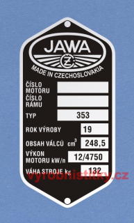 Výrobní štítek JAWA-ČZ 250-353,  RV 19, OBS 248,5, VÝK 12, VÁHA 132