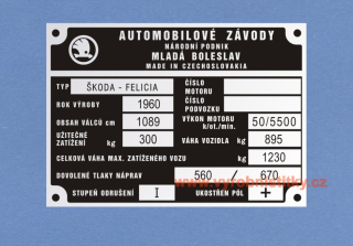 Výrobní štítek Škoda Felicia rv 1960 váha voz. 895