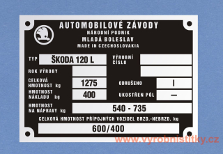 Výrobní štítek Škoda 120 L hmotnost 1275 - tlusté písmo