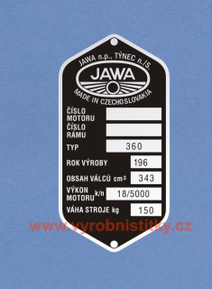 Výrobní štítek JAWA 350 360 rv 196 váha 150,obs. 343 ccm