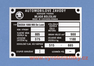 Výrobní štítek ŠKODA 1000 MB De Luxe celk. váha 1180
