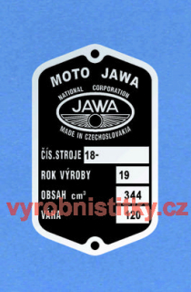 Výrobní štítek JAWA 350 PÉRÁK 67 mm MOTO JAWA váha 120 český