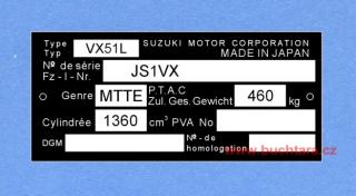Výrobní štítek SUZUKI JS1VX