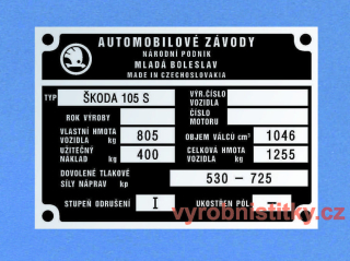 Výrobní štítek Škoda 105 S celk. hm 1255, č.mot.