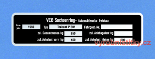 Výrobní štítek Trabant P601, rv 1966, hm. 950 německý