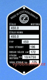Výrobní štítek ČZ 450