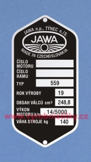Výrobní štítek JAWA-ČZ 559 Týnec, váha 140, r.19