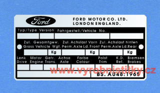 Výrobní štítek FORD MOTOR CO. LTD LONDON ENGLAND