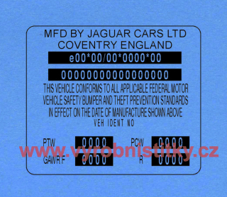 Výrobní štítek MFD BY JAGUAR CARS LTD - homologace