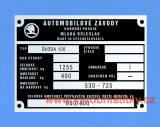 Výrobní štítek Škoda 120 celk hmotn 1255