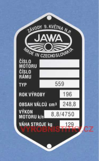 Výrobní štítek JAWA-ČZ 559 Závody 9.května typ 559, váha 129