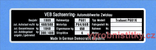 Výrobní štítek Trabant P601K německý, Bau 1989