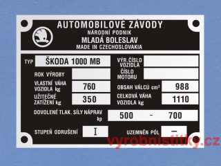 Výrobní štítek ŠKODA 1000 MB celk váha 1110
