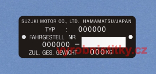 Výrobní štítek SUZUKI MOTOR černý 0,4 + dlouhé okýnko-německý