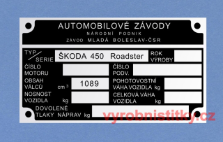 Výrobní štítek Škoda 450 Roadster - obsah 1089