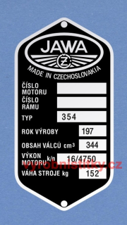 Výrobní štítek JAWA-ČZ 350-34_bez Týnce rv 197