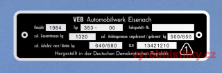 Výrobní štítek Wartburg Baujahr 1984