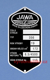 Výrobní štítek JAWA ČZ-356 váha 115, obsah 172 výk 8,5 rv 19