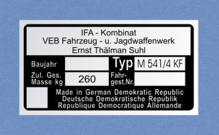 Výrobní štítek Simson M 541/4 KF