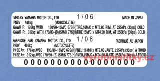 Výrobní štítek YAMAHA MOTOR Co Ltd. Japan PES - francouzský