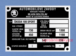 Výrobní štítek Škoda 100 SPORT