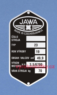 Výrobní štítek JAWA 23 váha 70