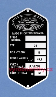 Výrobní štítek JAWA 20, 6700 ot