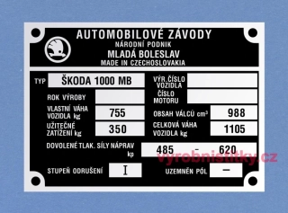 Výrobní štítek ŠKODA 1000 MB váha 755