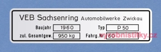 Výrobní štítek Trabant P 50