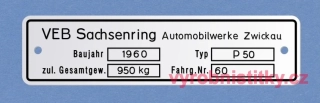 Výrobní štítek Trabant P 50 lept