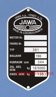 Výrobní štítek JAWA 350 typ 361 rv 196. TÝNEC váha 139-NĚMECKÝ