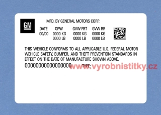 Výrobní štítek MFD BY GENERAL MOTORS CORP-Pontiac Firebird 2FS