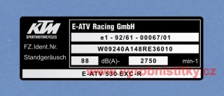Výrobní štítek KTM E-ATV Racing GmbH