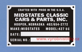 Výrobní štítek MIDSTATES CLASSIC CARS