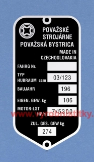 Výrobní štítek POVAŽSKÉ STROJÁRNE německý