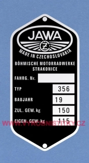 Výrobní štítek JAWA ČZ-356 - DEUTSCH