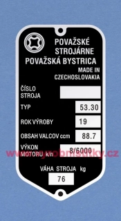Výrobní štítek JAWA 90_TYP 53.30_váha 76