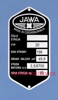 Výrobní štítek JAWA 20-6700 ot, obs 49