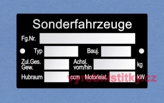 Výrobní štítek Sonderfahrzeuge