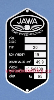 Výrobní štítek JAWA 20 - 6700 ot.